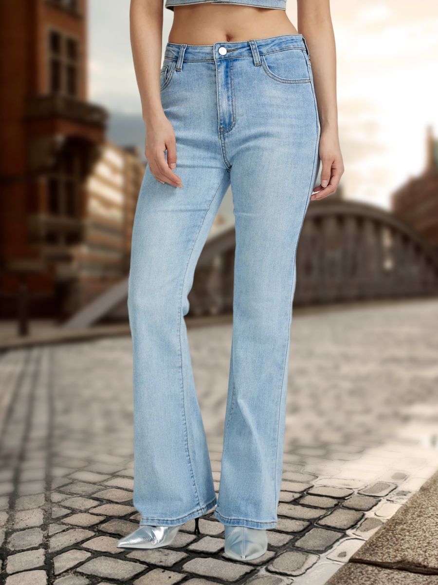 Mid-waist Retro Denim Bell-bottom Pants Stretch Multicolor