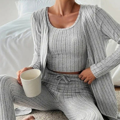 New Design Sense Round Neck Sunken Stripe Casual Solid Color Women's Three-piece Suit
