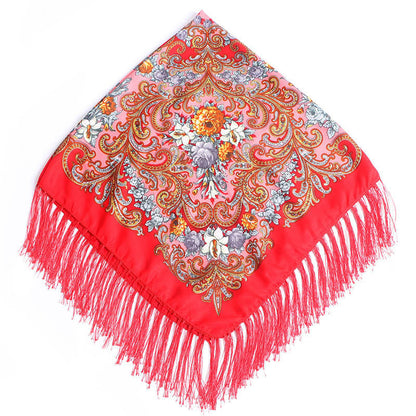 Women's Fringed Cotton And Linen Printed Square Scarf