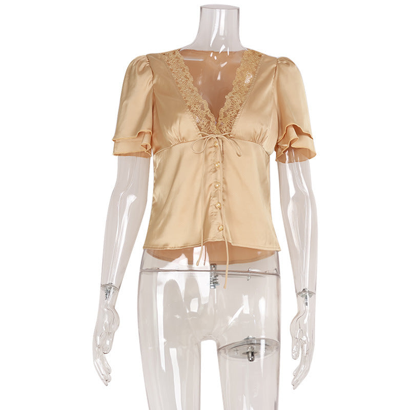 Fashion V-neck Lace Stitching Lace Up Slimming Short Sleeve