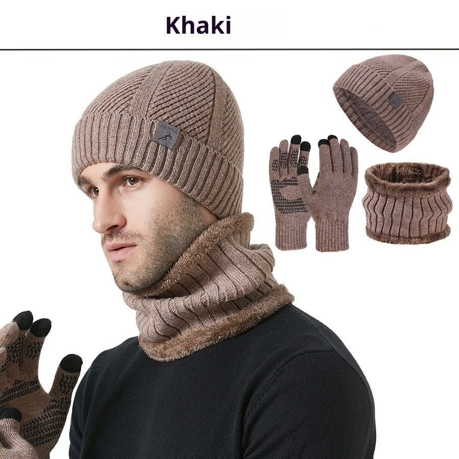 Winter New Thickened Men's Hat Scarf Gloves Three-piece Set