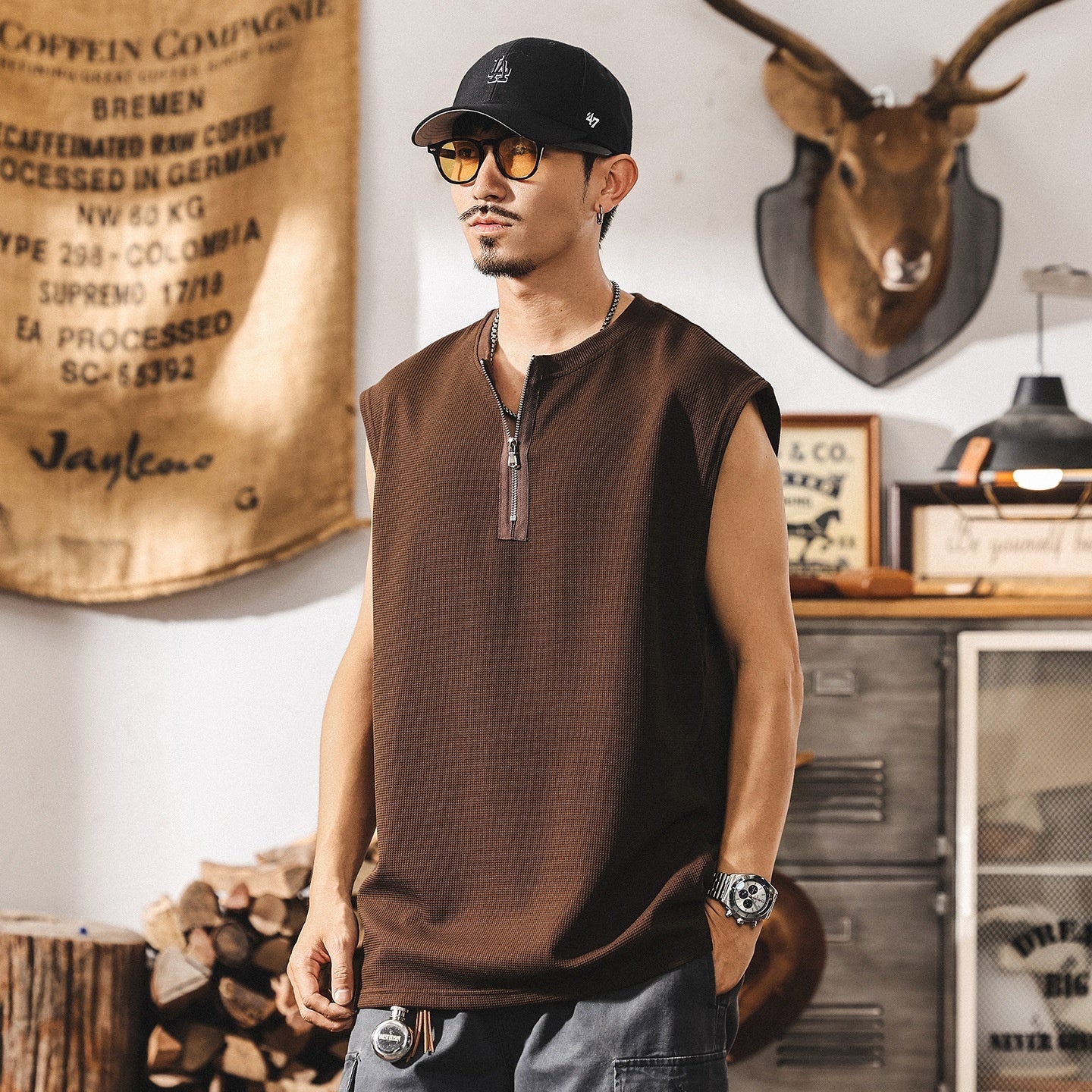 Vintage Zipper Sports Fitness Vest Men's Loose Waffle Texture Tough Guy T-shirt