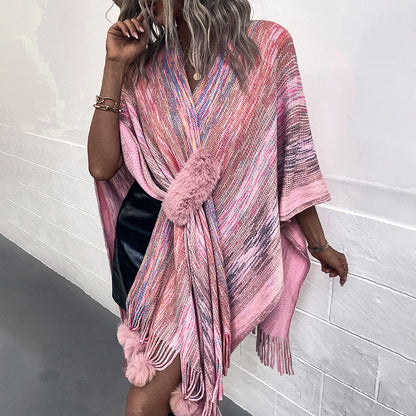 Contrast Color Wool Ball Tassel Knitted Shawl Coat For Women