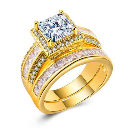 Wedding Engagement Ring Gold Plated Silver Zircon Square Diamond Couple Ring