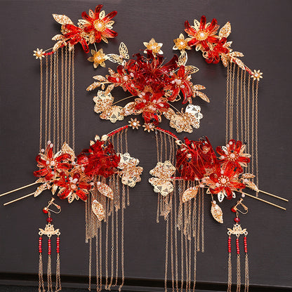 Classical Red Flower Liquid Ancient Style Headdress Fringed Hair Crown Bridal Hair Accessories
