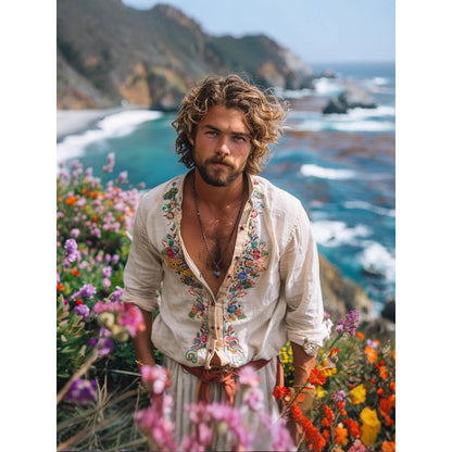 Retro Men's Casual Tops Open Collar Embroidered Shirt