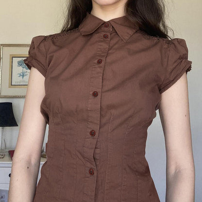 Sweet And Spicy Niche Style Lapel Puff Sleeve Shirt Design Sense Pleat And Waisted