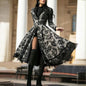 Women's Autumn Winter Long Sleeve Lace Trim Floral Print Vintage Long Trench Coat