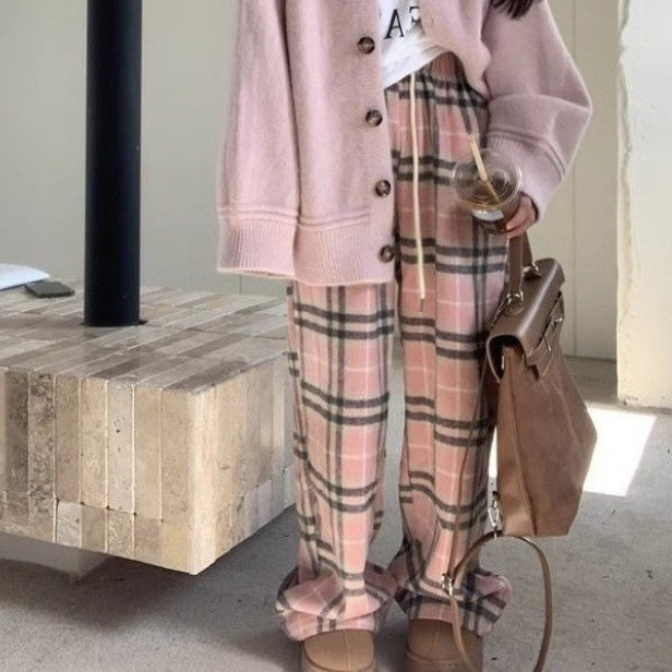 Gentle Temperament Idle Style Plaid Wide-leg Trousers