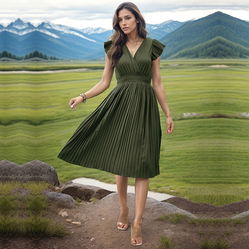 Simple Elegant V-neck High Waist Pleated Dress