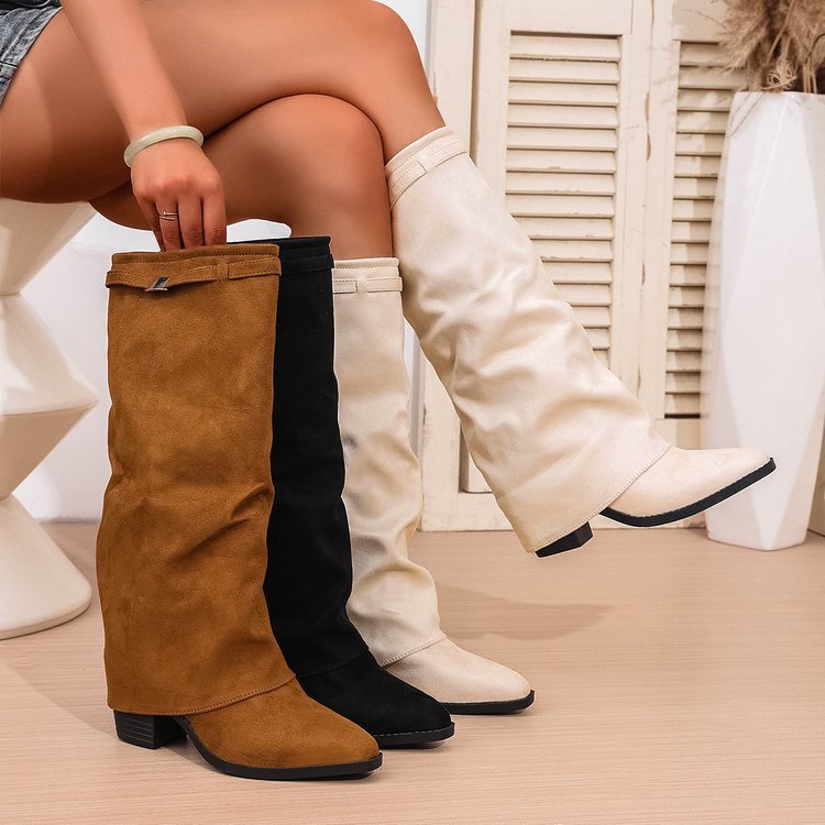 Pointed Toe High Tube Pants Boots Pleated Chunky Heel Sleeve