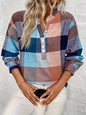 Spring And Autumn Leisure Notched V-neck Plaid Long Sleeve Shirt