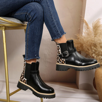 Plus-size Fashion Leopard Print Metal Buckle Mid-heel Ankle Casual Boots