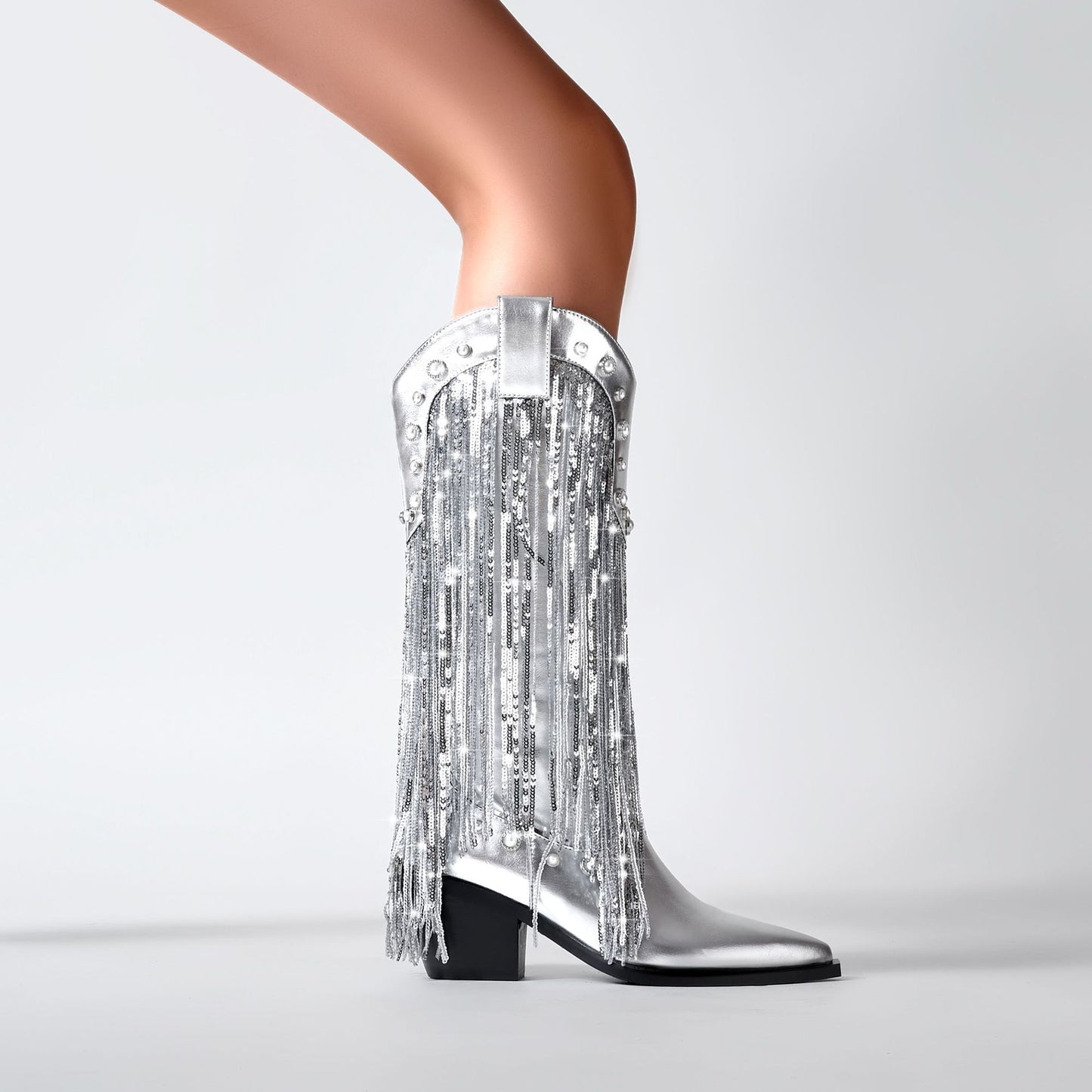 Sequin Tassel Pointed Sleeve High Leg Boot