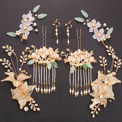 Classical Red Flower Liquid Ancient Style Headdress Fringed Hair Crown Bridal Hair Accessories