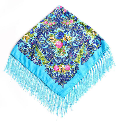 Women's Fringed Cotton And Linen Printed Square Scarf