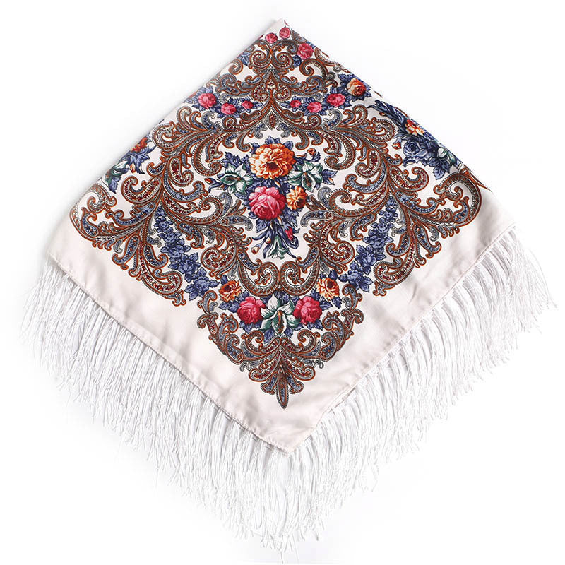 Women's Fringed Cotton And Linen Printed Square Scarf