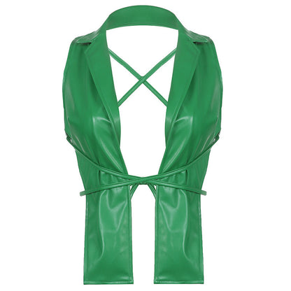 Halter Leather Lace-up Vest With Polo Neck