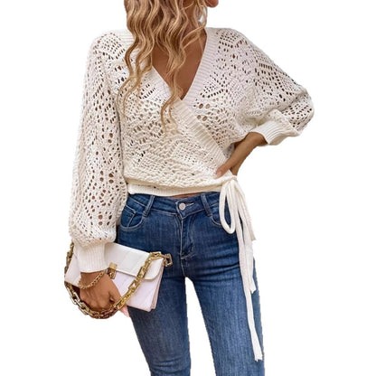 Solid Color And V-neck Lace-up Elegant Lantern Sleeve Long Sleeve