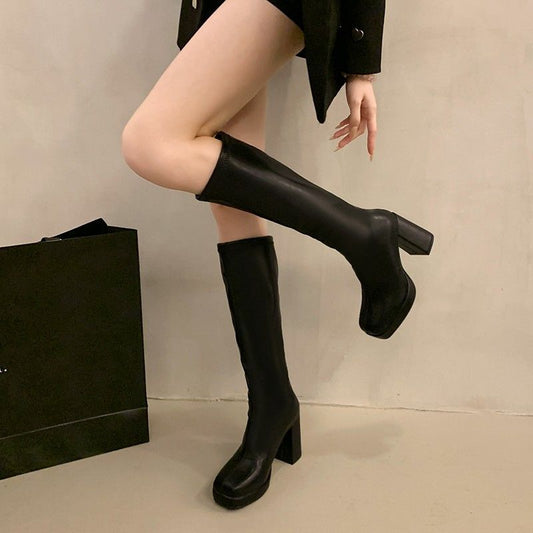 High Heel Small Chunky Heel Stretch Slimming Below The Knee Boots