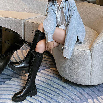 Women's Black Below The Knee Thickened Martin Boots