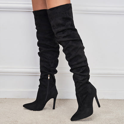 European And American Pointed Toe Suede High Zipper Stiletto Heel Boots