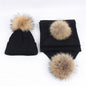 Outdoor warm raccoon fur ball wool hat scarf set