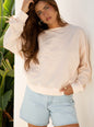 Coffee Raw Edge Flower Patch Drop Shoulder Casual Top