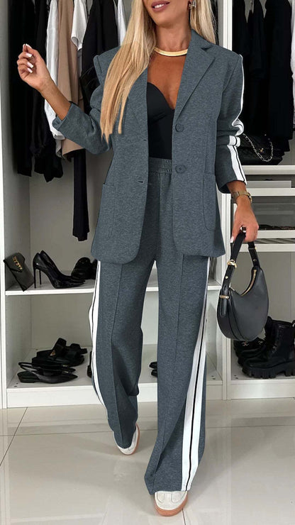 Women's Casual Suit Lapel Single-breasted Jacket And Striped Straight Pants Fashion Sports Trousers Suit Outerwears Clothing