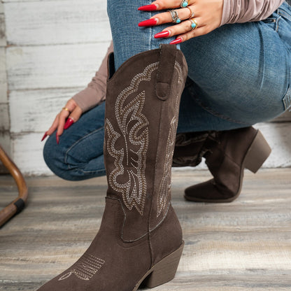 Pointed Toe Western Cowboy Boot Women's Large Size Embroidered Thick Boots
