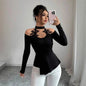Hollow Out Shoulder-baring Applique Pleated Curved Hem Slim Top