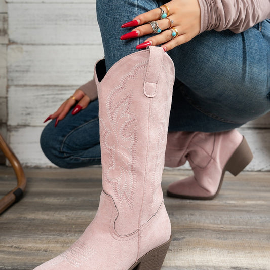 Pointed Toe Western Cowboy Boot Women's Large Size Embroidered Thick Boots