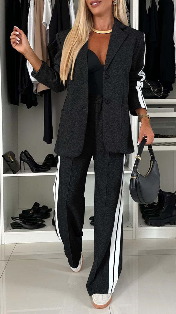 Women's Casual Suit Lapel Single-breasted Jacket And Striped Straight Pants Fashion Sports Trousers Suit Outerwears Clothing
