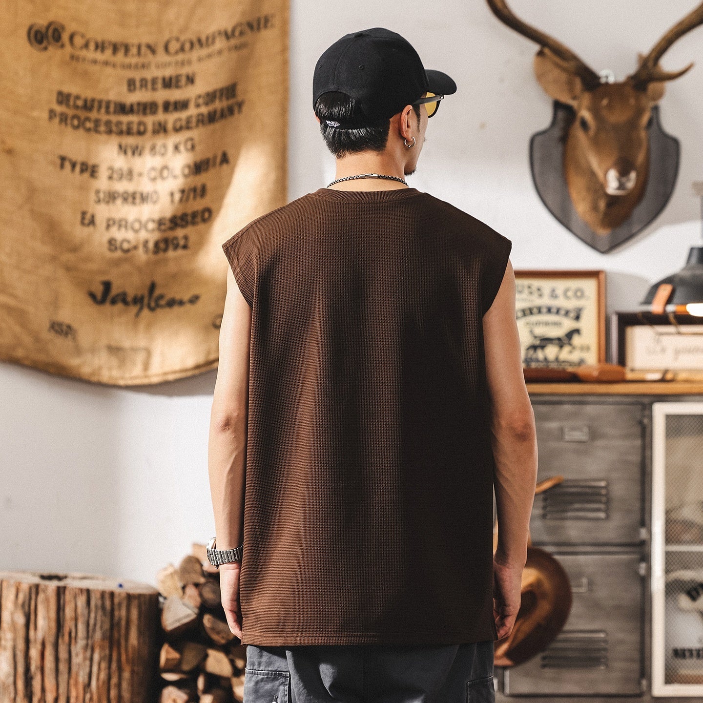 Vintage Zipper Sports Fitness Vest Men's Loose Waffle Texture Tough Guy T-shirt