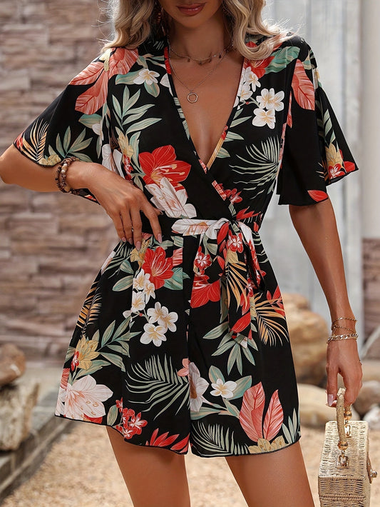 Lotus Leaf Sleeve Cross Collar Belt Short Skirt Loose Printed Jumpsuit