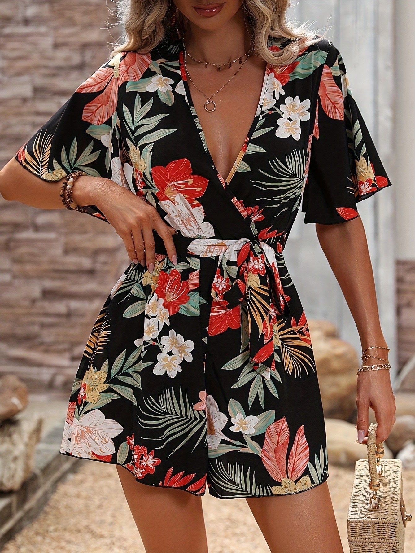 Lotus Leaf Sleeve Cross Collar Belt Short Skirt Loose Printed Jumpsuit