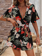 Lotus Leaf Sleeve Cross Collar Belt Short Skirt Loose Printed Jumpsuit