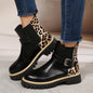 Plus-size Fashion Leopard Print Metal Buckle Mid-heel Ankle Casual Boots