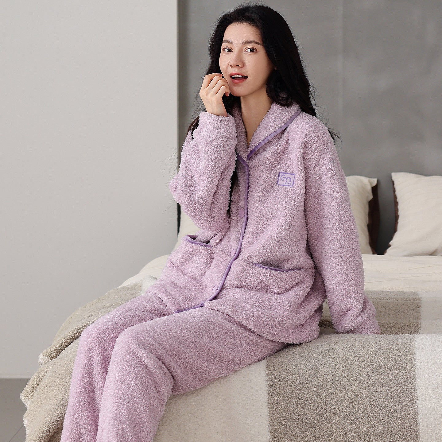 Flannel Thick Warm Long Sleeves Coral Fleece Couple Pajamas Suit