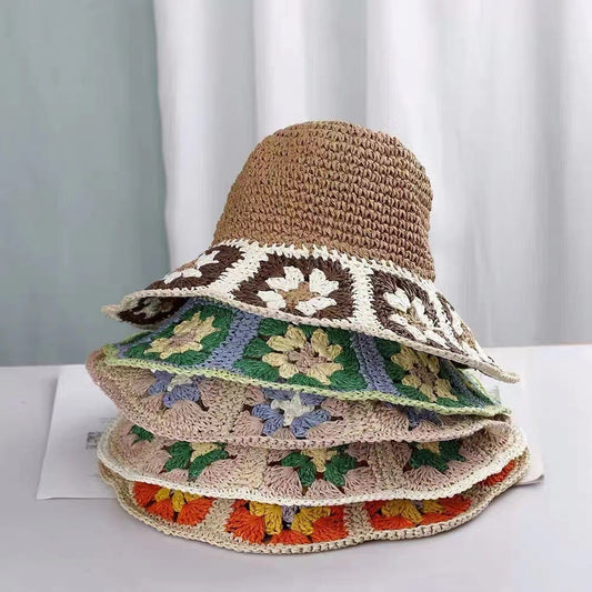 Fashion Personality Handmade Crocheted Flower Straw Hat Women