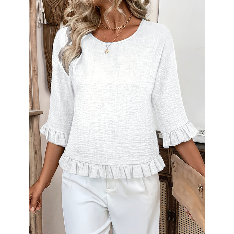 Womens 3 4 Length Sleeve Tops Loose Fit Casual Crew Neck Shirts Ruffle Tunic Blouses
