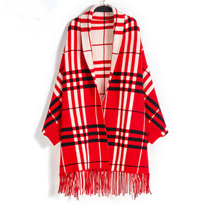 Plaid Mid-length Cardigan Women's Knitted Tassel Shawl Coat Women