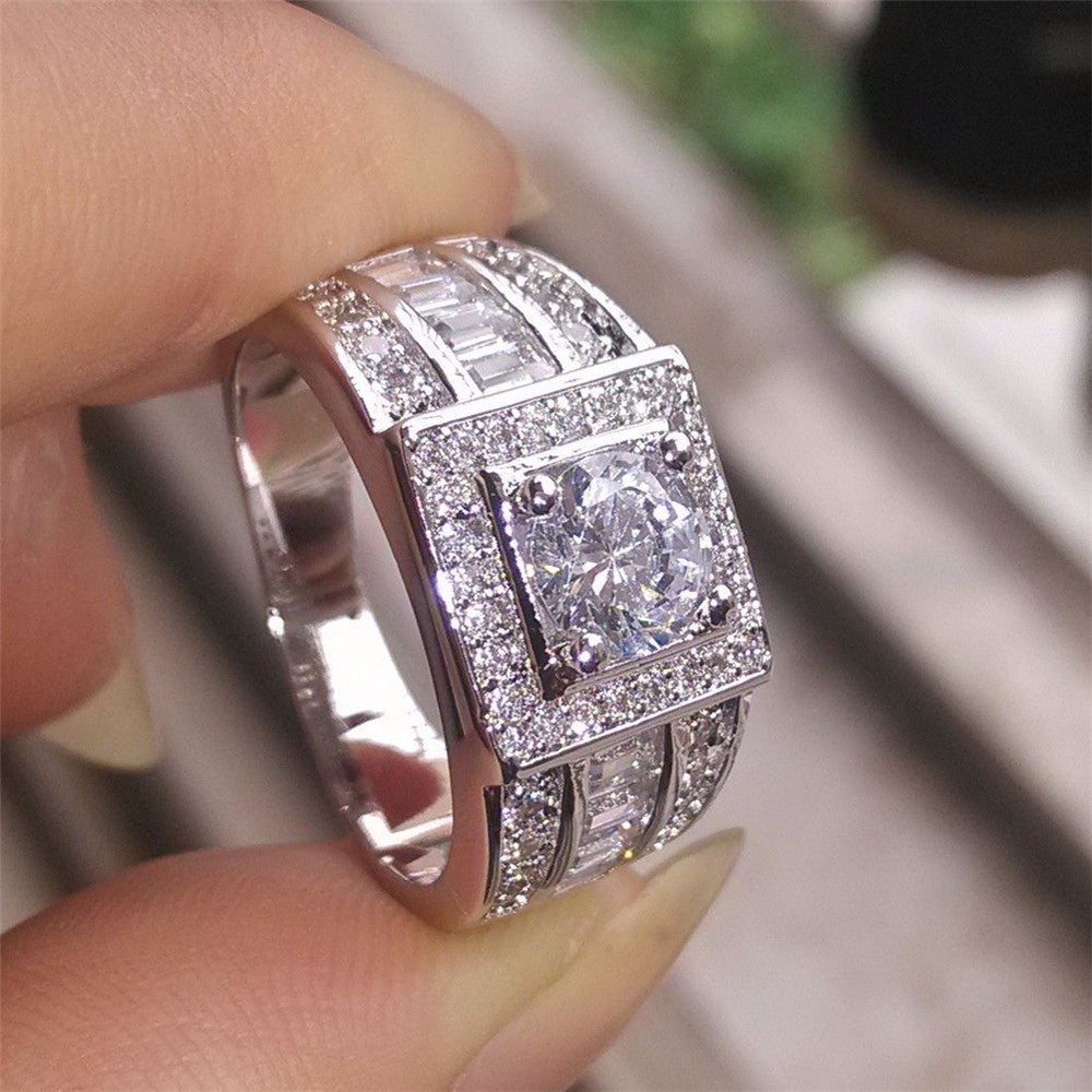 European and American men's diamond ring fashion new 18K white gold wedding ring