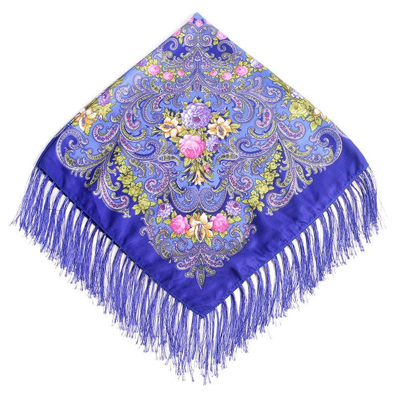 Women's Fringed Cotton And Linen Printed Square Scarf