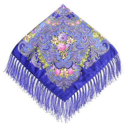 Women's Fringed Cotton And Linen Printed Square Scarf