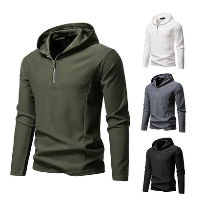 Half Zipper Design Casual Long Sleeve Solid Color Hooded T-shirt