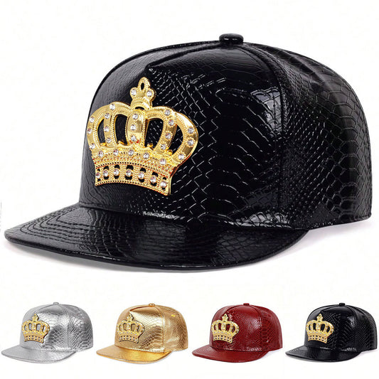 Crown Metal Label Hip Hop Hat European And American PU Leather Flat Eaves Cap