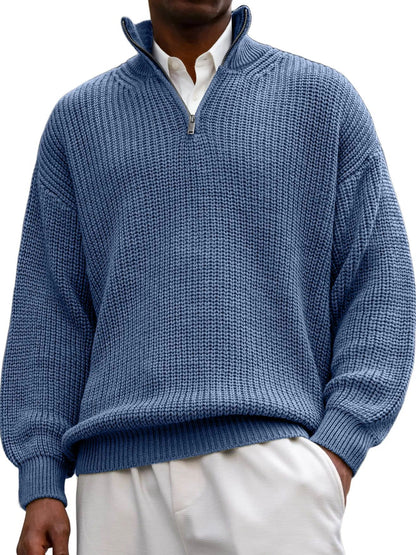 Fashion Men's Sweater Casual Long Sleeve Half Zipped Stand Collar Polo Shirt