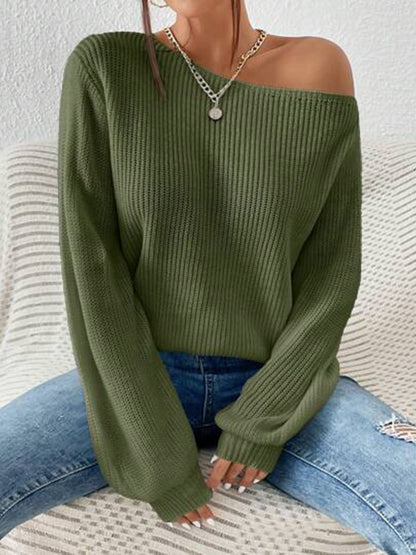 Commute Style Autumn And Winter New Personalized Off-the-shoulder Pullover Knitting Solid Color Loose Leisure All-matching Pullover Boat Neck Sweater