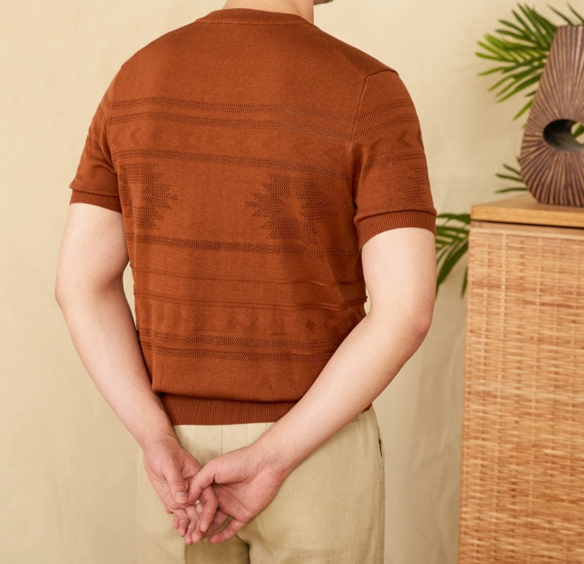 Knitted Henley Shirt American Retro Slim-fit Short Sleeve